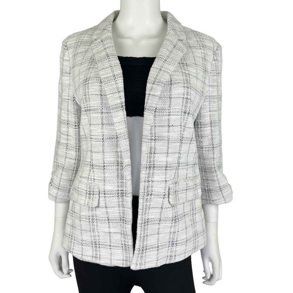Elle Open Front White Black Plaid Blazer Jacket Womens Size M (R10376)‎